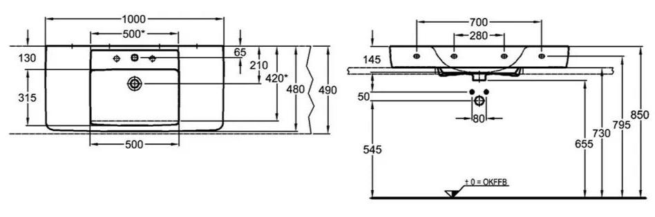 德國 Geberit Plan 100cm 大檯面式可壁掛面盆