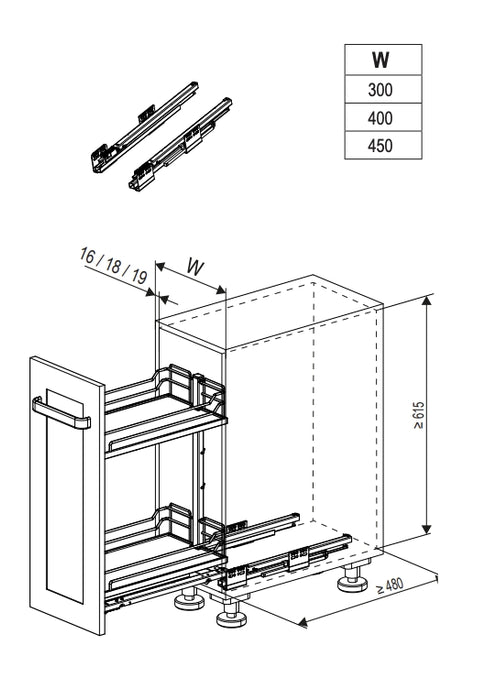 德國 Kessebohmer 櫥下調味料側拉籃｜抽拉式收納提籃組 - 承重 16 kg - 30cm櫃體