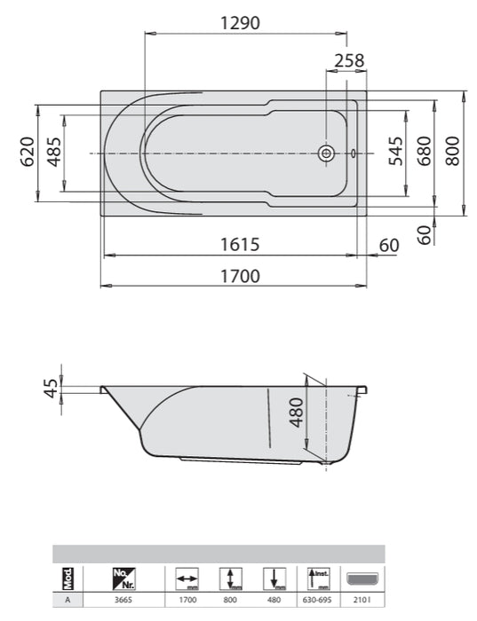 德國 HOESCH Spectra 170cm 壓克力嵌入式浴缸(深度48cm) - 限台中以北