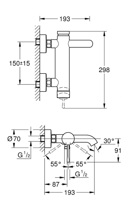 Grohe Essence 外露式龍頭浴桿組｜拉絲黑鉻色｜下出水