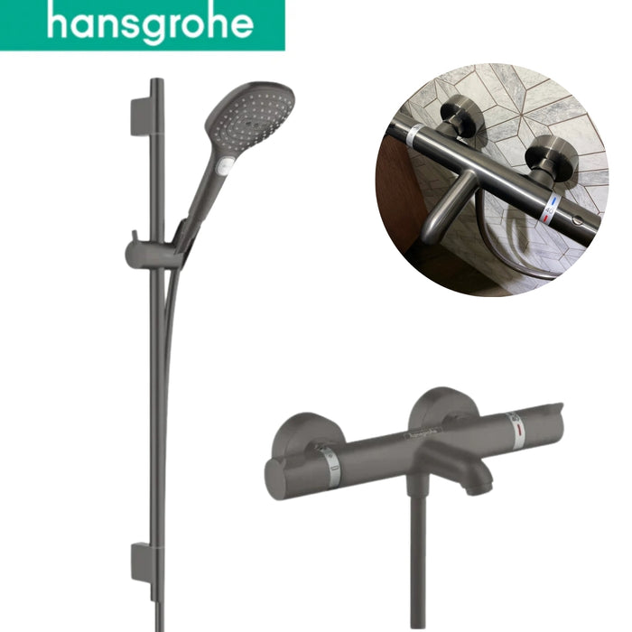 Hansgrohe 黑鉻色恆溫淋浴組｜65cm 浴杆｜雙出水