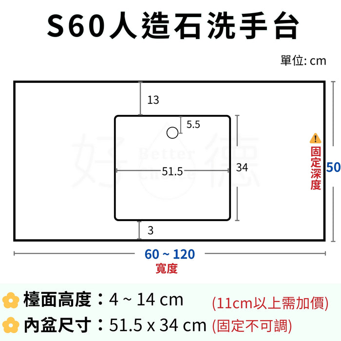 好德訂製 BC S60 人造石台上盆｜一體成型大檯面｜交期 3-4 週