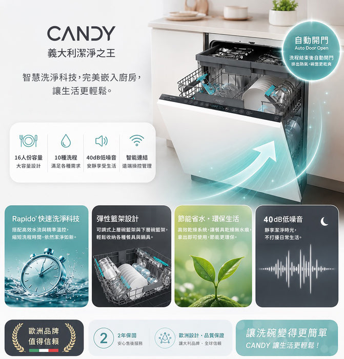 義大利 CANDY 全嵌式洗碗機 60cm｜16人份｜送基本安裝｜220V