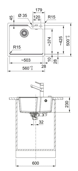 56cm 瑞士 Franke 花崗岩水槽(上嵌安裝)｜耐高溫280度，抗刮不吃色