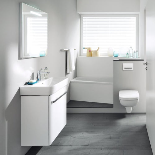 Geberit 狹長浴室空間適用，深度37cm淺洗手台。